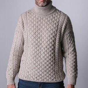Aran Crafts Turtleneck Sweater Merino Wool Fisherman Cable Knit Oatmeal Beige
